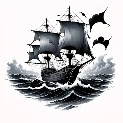 Broken Ship Sailing Through Stormy Seas