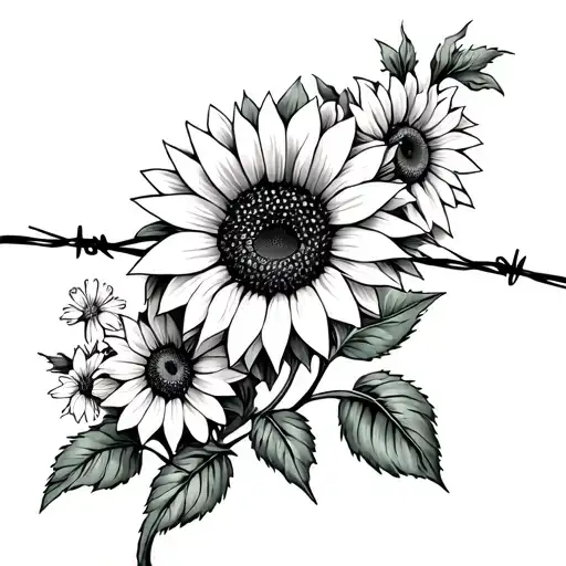 Barbed Wire With Sunflowers And Wildflowers