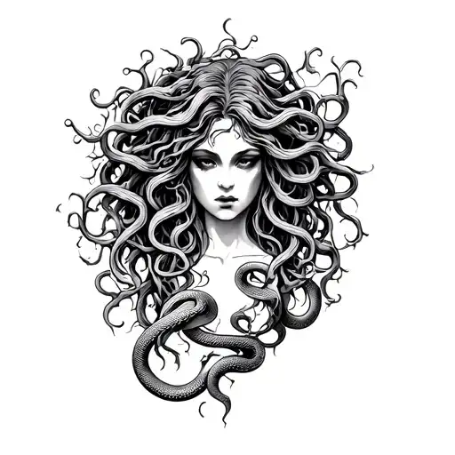 Medusa Surrrounded In Rises Snakes And Vines Down Thigh