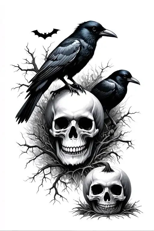 Halloween Theme Skulls Cemetery Crows