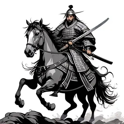 Samurai Warrior And Katana On Horseback