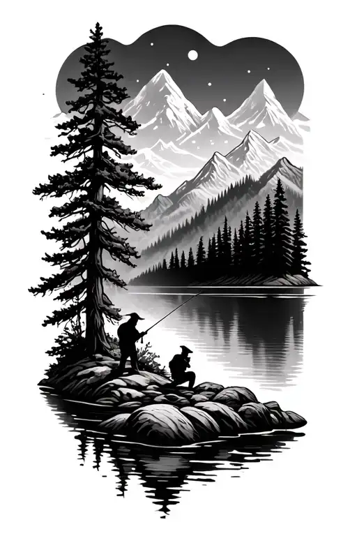Mountains And Trees With A Lake With Man Fishing