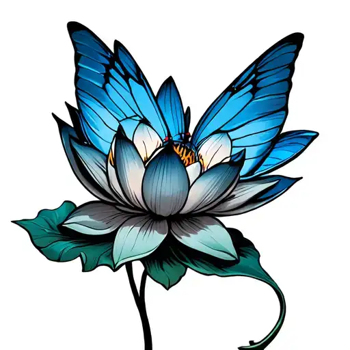Blue Morpho Flying From A Lotus Flower