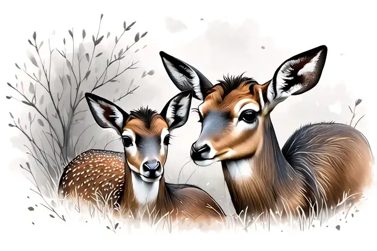 Mom And Baby Deer Sitting Together And Looking At Each Other