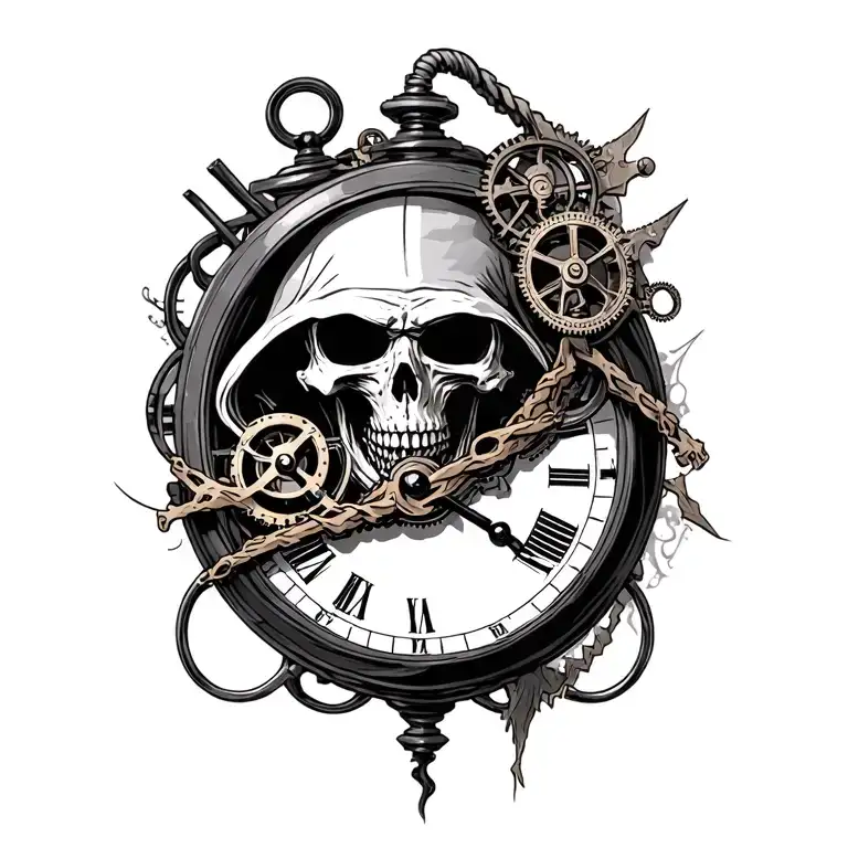 Grim Reaper And Time Clock Mechanism Intertwined