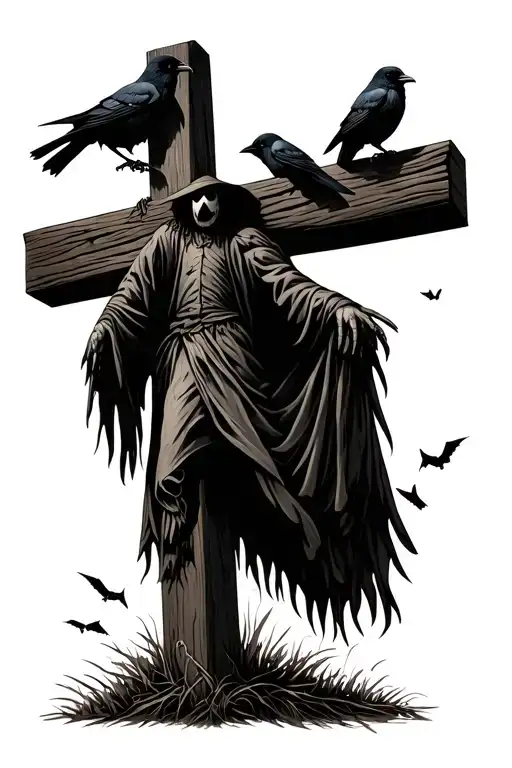 Scarecrow On Cross With Crows Perched Atop