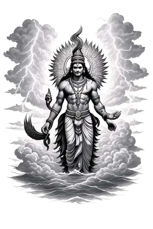 Tupa God Surrounded By Clouds And Lightning Standing Over The Amazon River