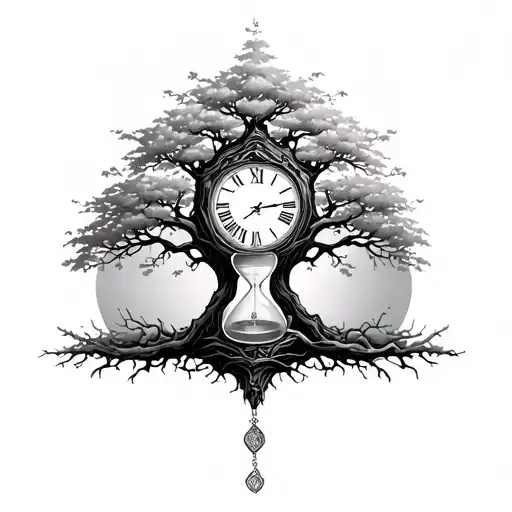 Tree Of Life Intertwined With Clock And Hour Glass