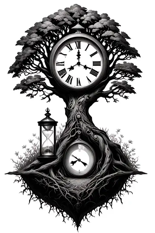 Tree Of Life Intertwined With Clock And Hour Glass