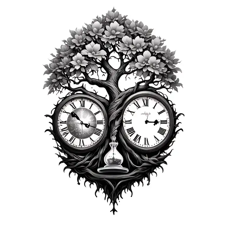 Tree Of Life Intertwined With Clock And Hour Glass