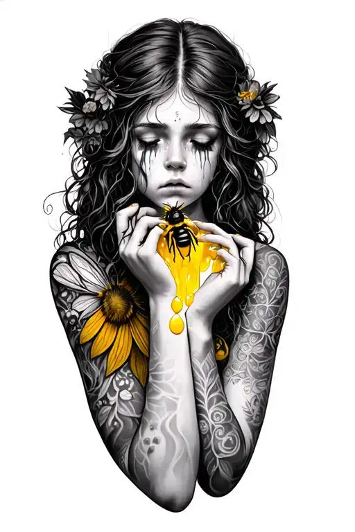 Sad Tattooed Forest Fairy With Hair Crying Yellow Honey Tears Reaching Out To A Bumble Bee