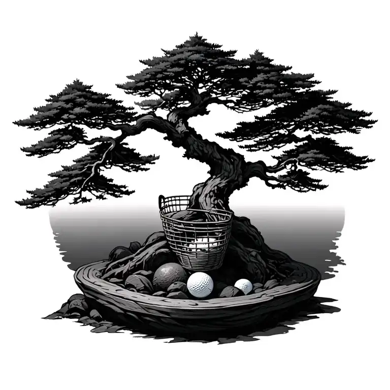 Bonsai Tree With Disc Golf Basket Nestled