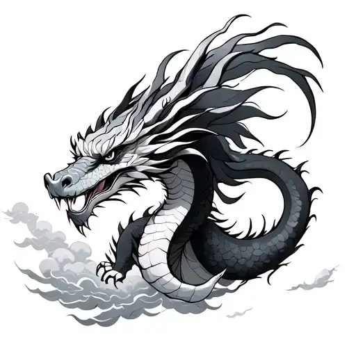Japanese Dragon Flying With Clouds Surrounding