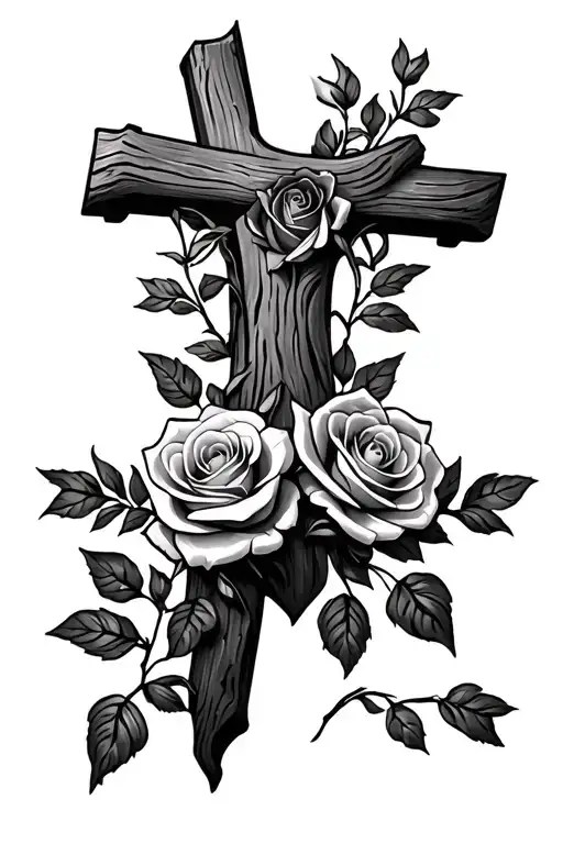 Wood Cross And Roses Growing