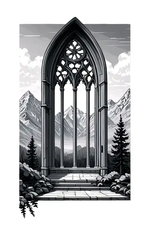 Narrow Cathedral Window Facing Mountains
