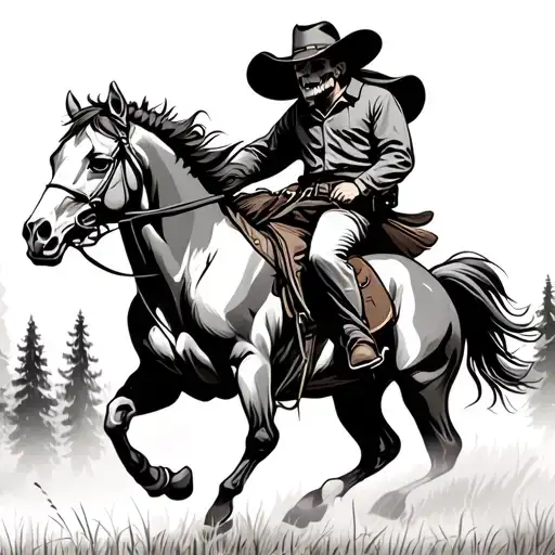 Cowboy Skull On Horse Galloping In Field With Trees
