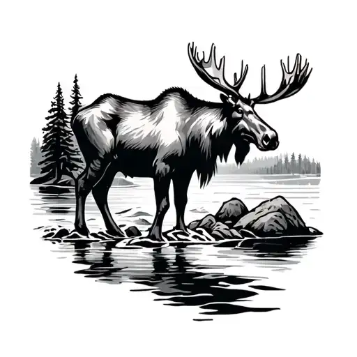 Moose Standing Besde River Flowing