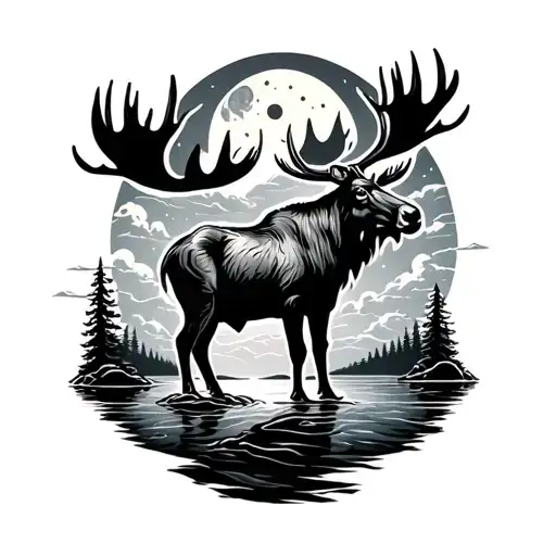 Moose Standing Besde River Flowing With Clouds And A Moon