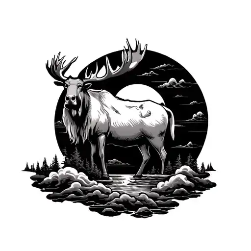 Moose Standing Besde River Flowing With Clouds And A Moon