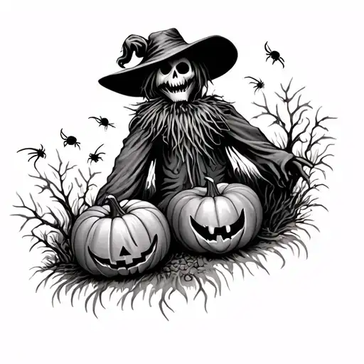 Scary Scarecrow With Pumpkins And Spiders