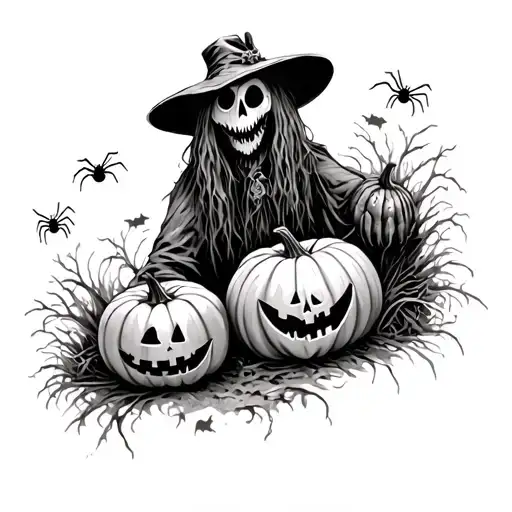 Scary Scarecrow With Pumpkins And Spiders