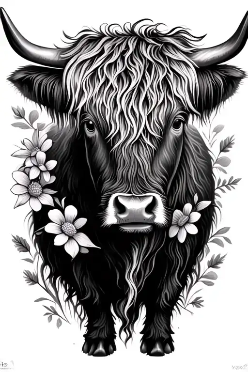 Highland Cow With Flowers