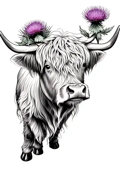 Highland Cow With Thistle Flower