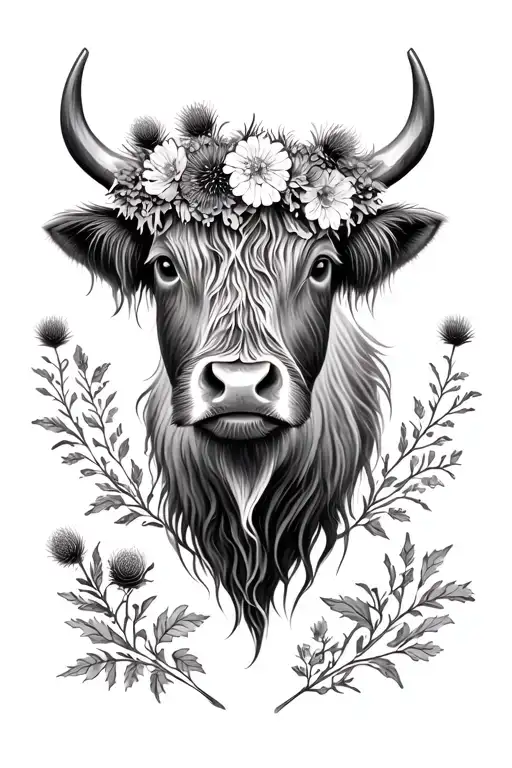 Highland Cow Head With Thistle Flower Crown