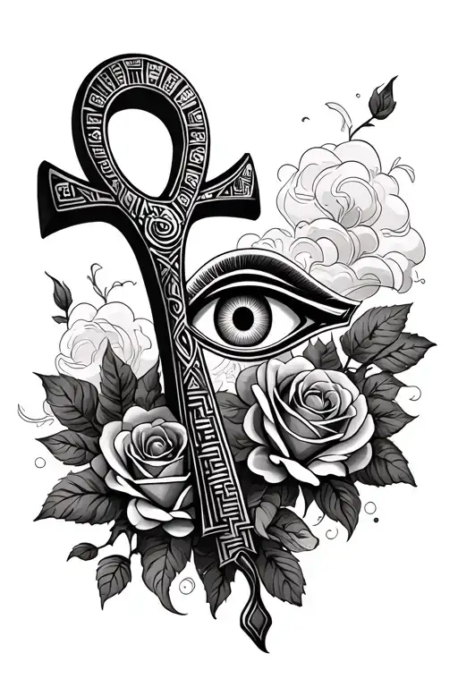Ankh With Horus Eye In The Middle With Roses And Clouds