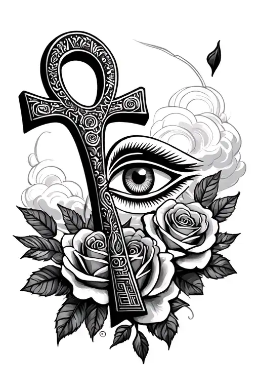 Regular Ankh With Horus Eye In The Middle With Roses And Clouds