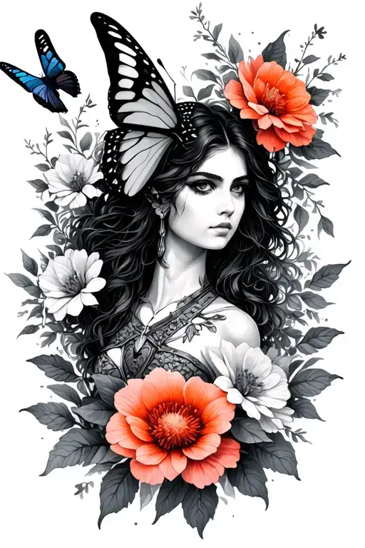 Sagittarius Sign Female Warrior Butterfly Flowers Intertwined