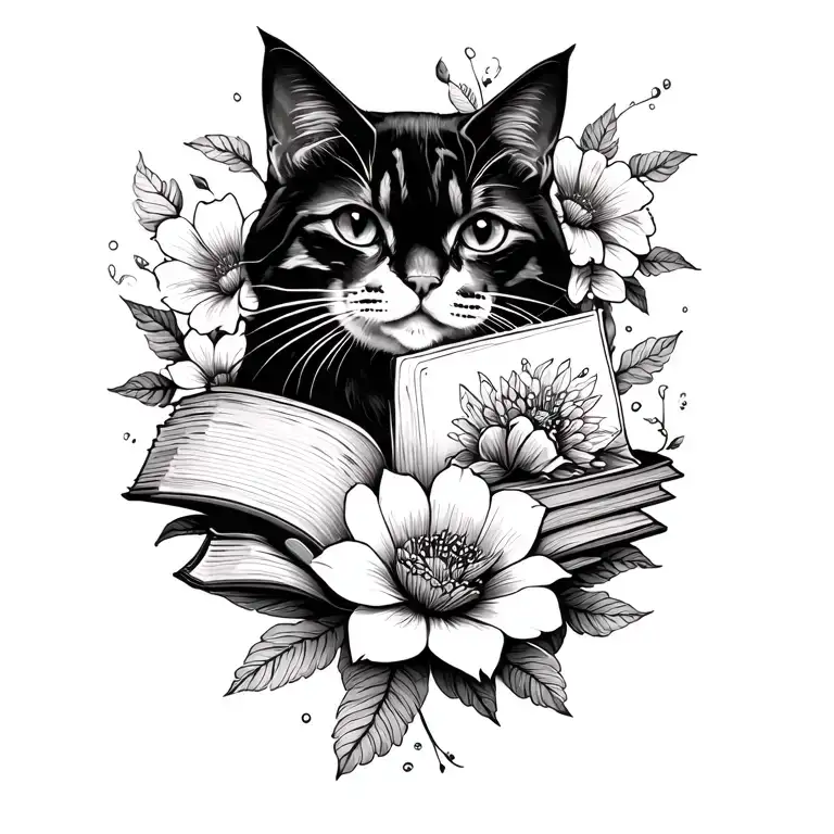 Cat Fantasy Books And Flowers Line Work