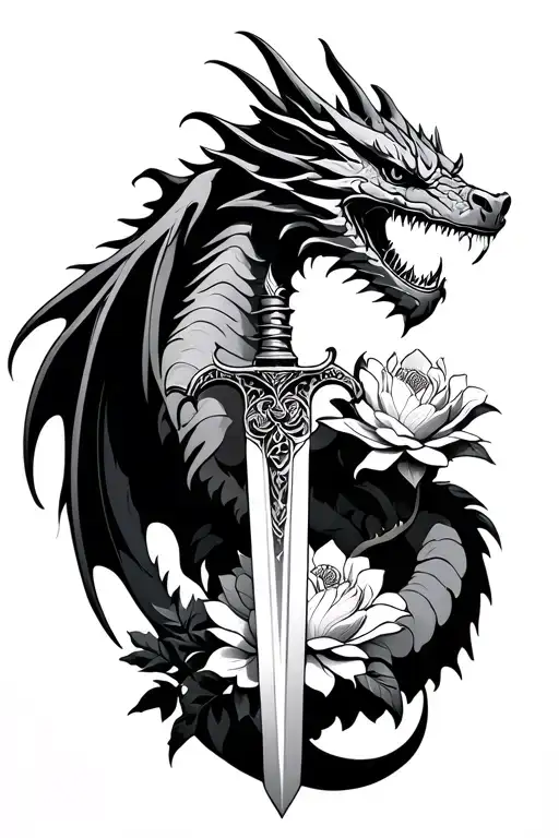 Dragon With Open Wings Sword And War Flower