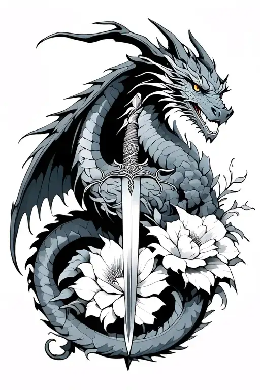 Dragon With Open Wings Sword And War Flower Intertwined