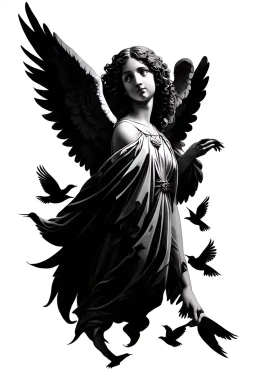 Angel With Wings And Two Birds Flying And Some Lettering On The Forearm And Wrist