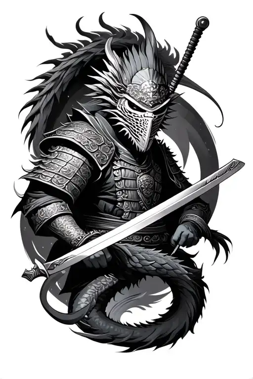 Samurai Warrior With A Mask On And Weilding A Sword Dragon Wrapped Around The Warrior
