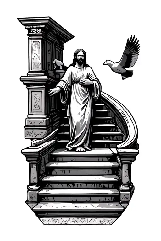 Stair Case With Stone Pattern Leading To A Christian Figure And A Dove Flying And A Lamb