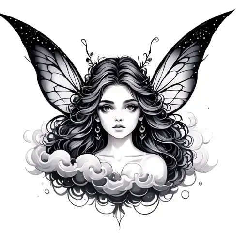 Fairy Line Art With Hair Made Of Clouds Floating