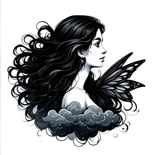 Fairy Minimalist Line Art With Hair Made Of Clouds Floating