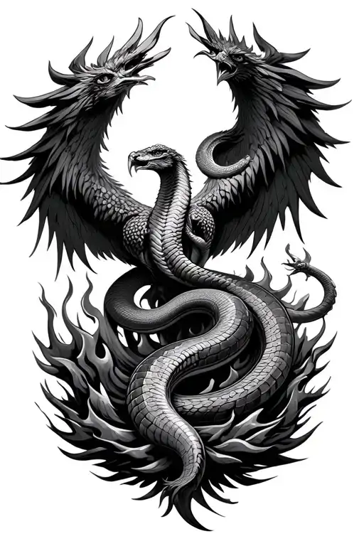 Phoenix Rising From Ashes With Cobra In Mouth