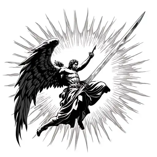 Archangel Michael Flying Towards The Sun With Sword