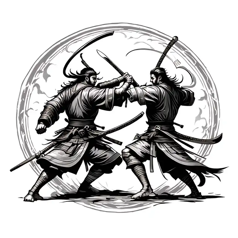 2 Samurai Fighting In The Middle Of A Battle