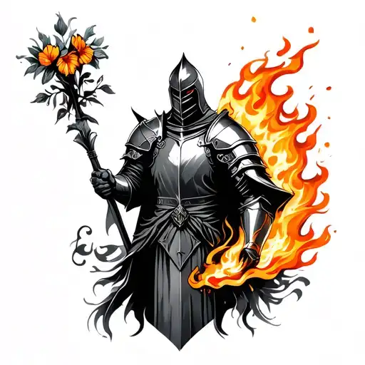 Knight On Fire Holding Flowers