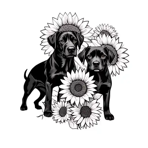 Dogs Surrounded By Sunflower
