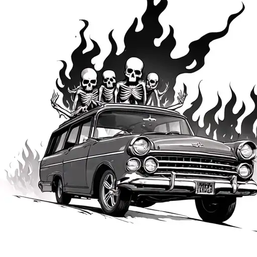 Station Wagon With Skeletons Driving And Fire