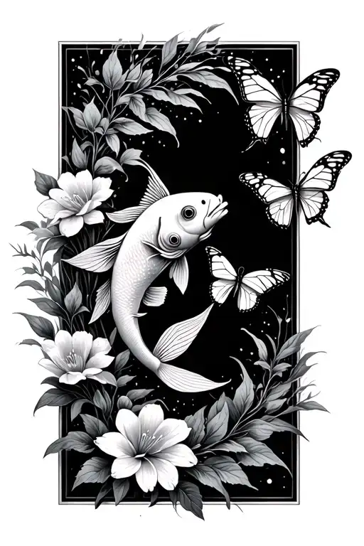 Flowers And Coy Fish Swimming And Butterflies Flying