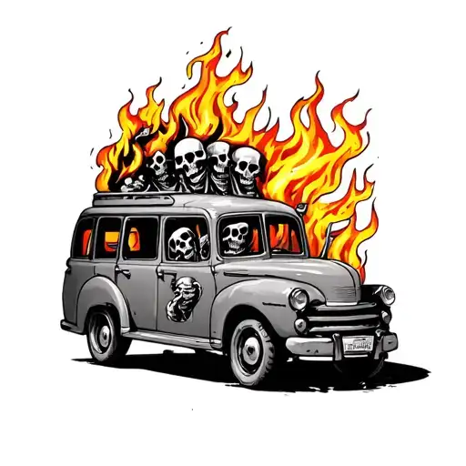 Station Wagon With Skeletons Inside And Fire