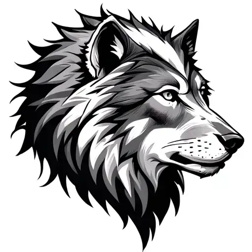 Half Lion And Half Wolf Head Using Line