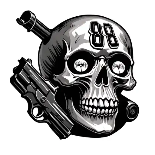 A Skull With The Numbers 88 On The Eyes With A Luger Pistol To The Side Of The Skull