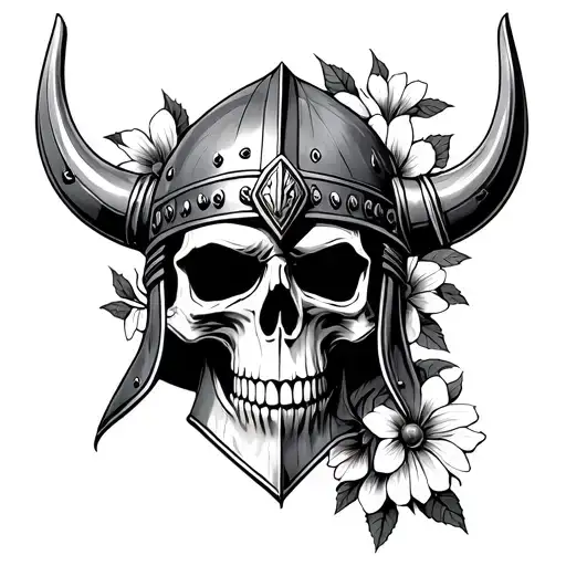 Skull Viking Helmet Flowers Growing Up Right Side